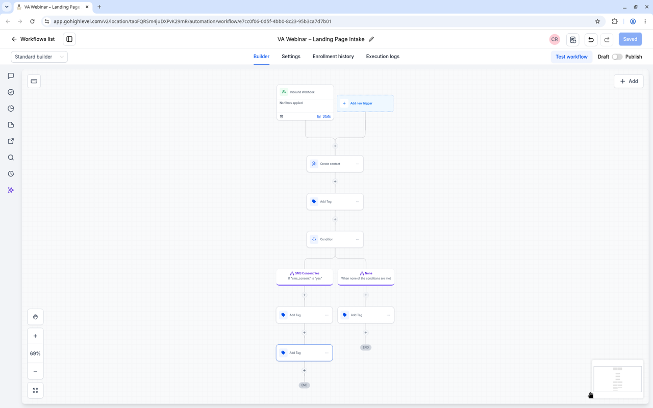 GoHighLevel Inbound Webhook and SMS Consent If/Else Branching Workflow