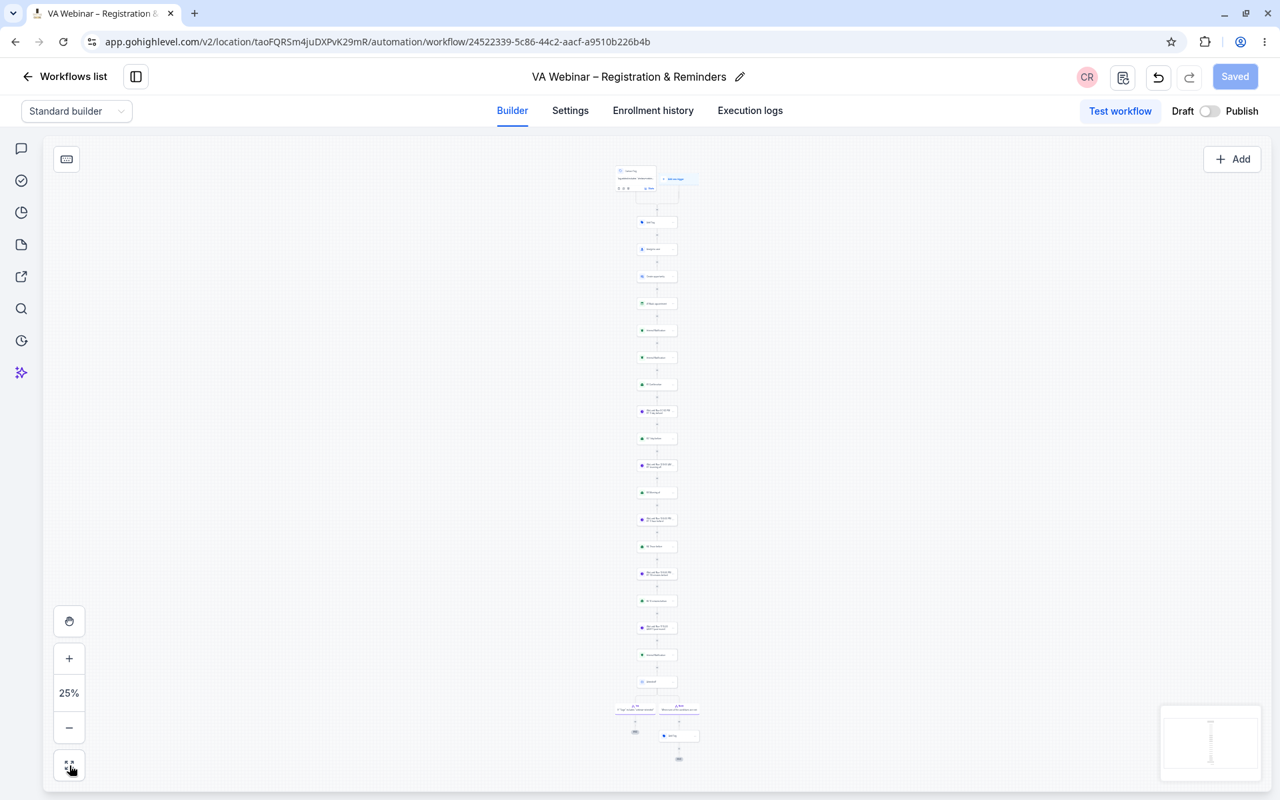 GoHighLevel 20-step Registration and Reminders Automation Workflow