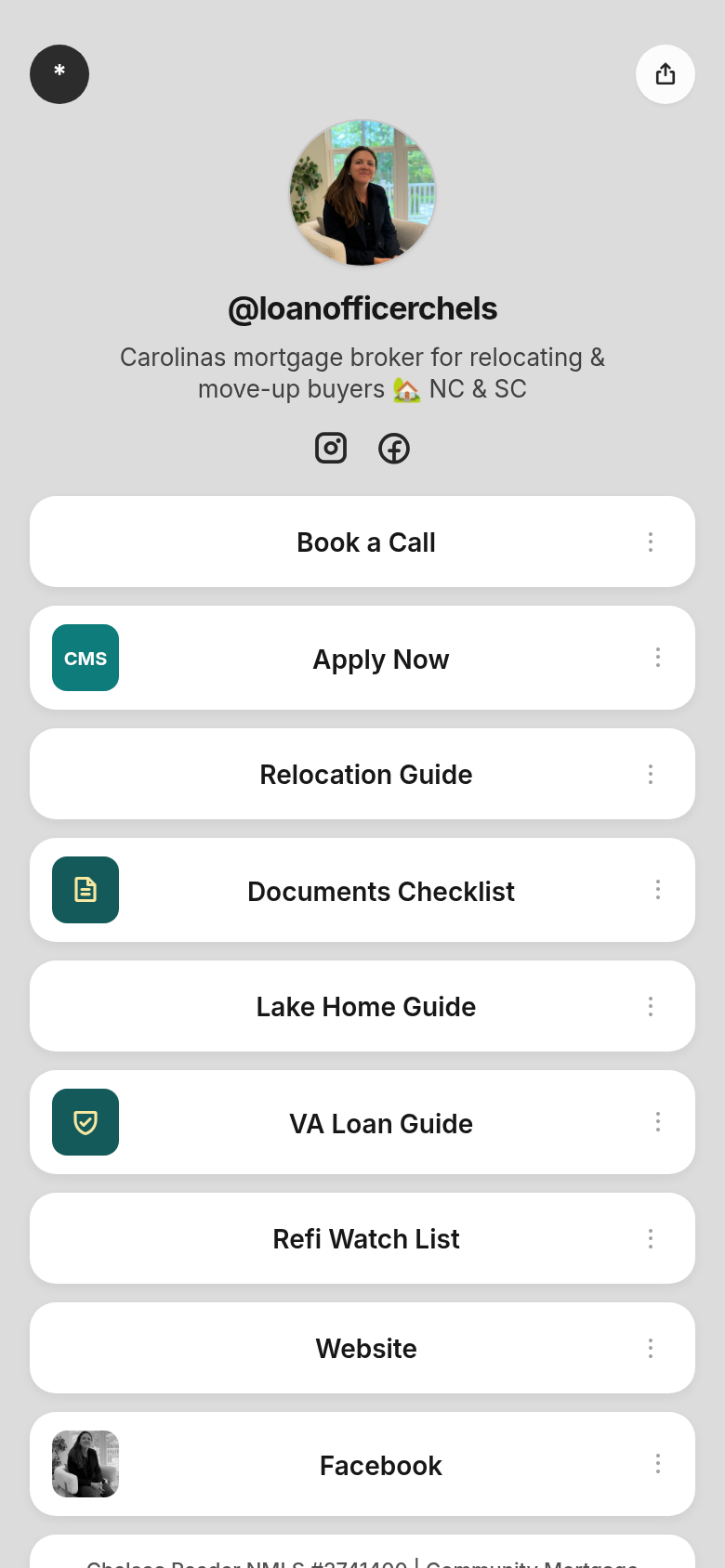 Before: Standard Linktree page for @loanofficerchels