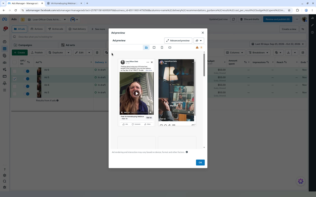 Meta Ads Manager Ad Preview showing Feed and Stories/Reels vertical video placements