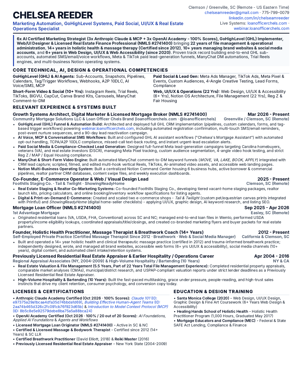 Preview of Chelsea Reeder 1-Page Marketing and AI Automation Resume PDF
