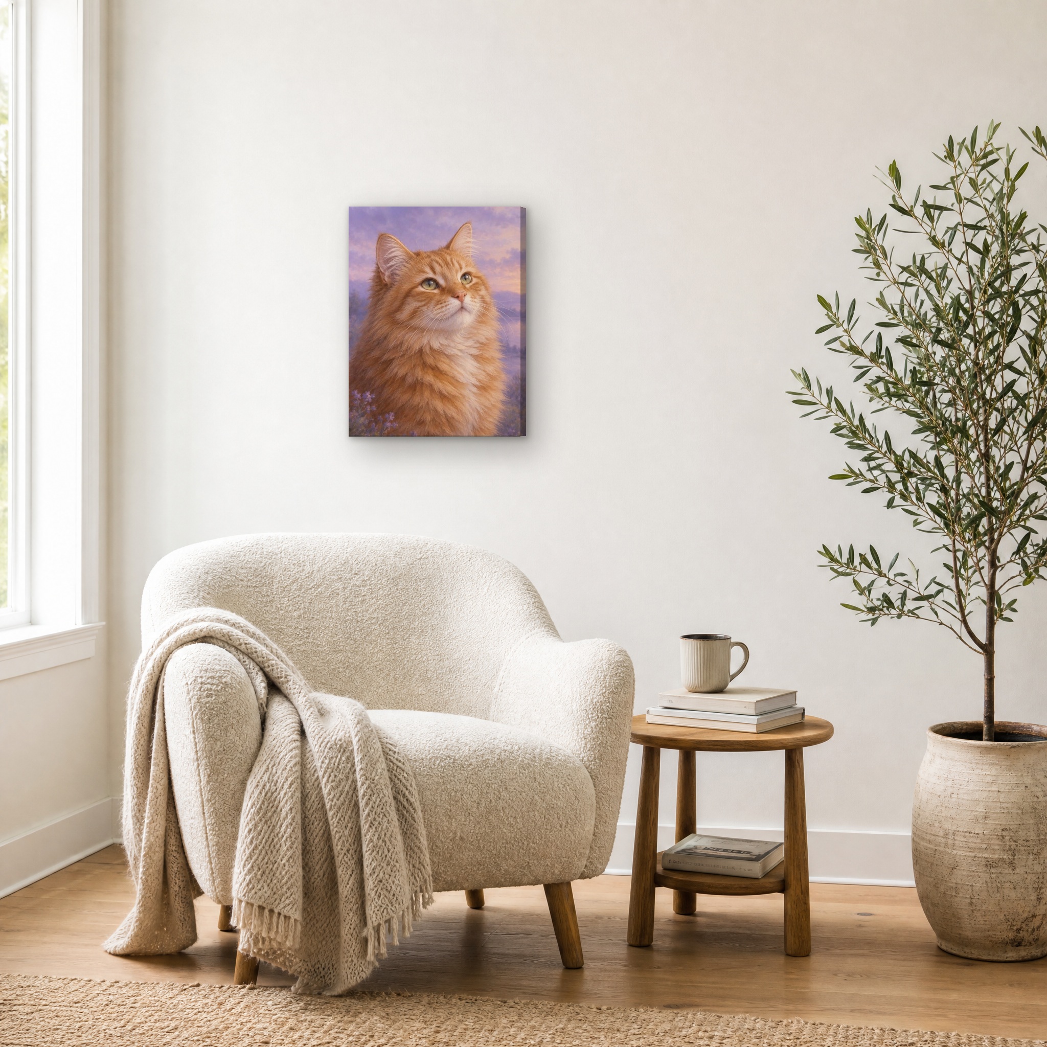 Tail and Twilight custom pet portrait canvas in reading nook