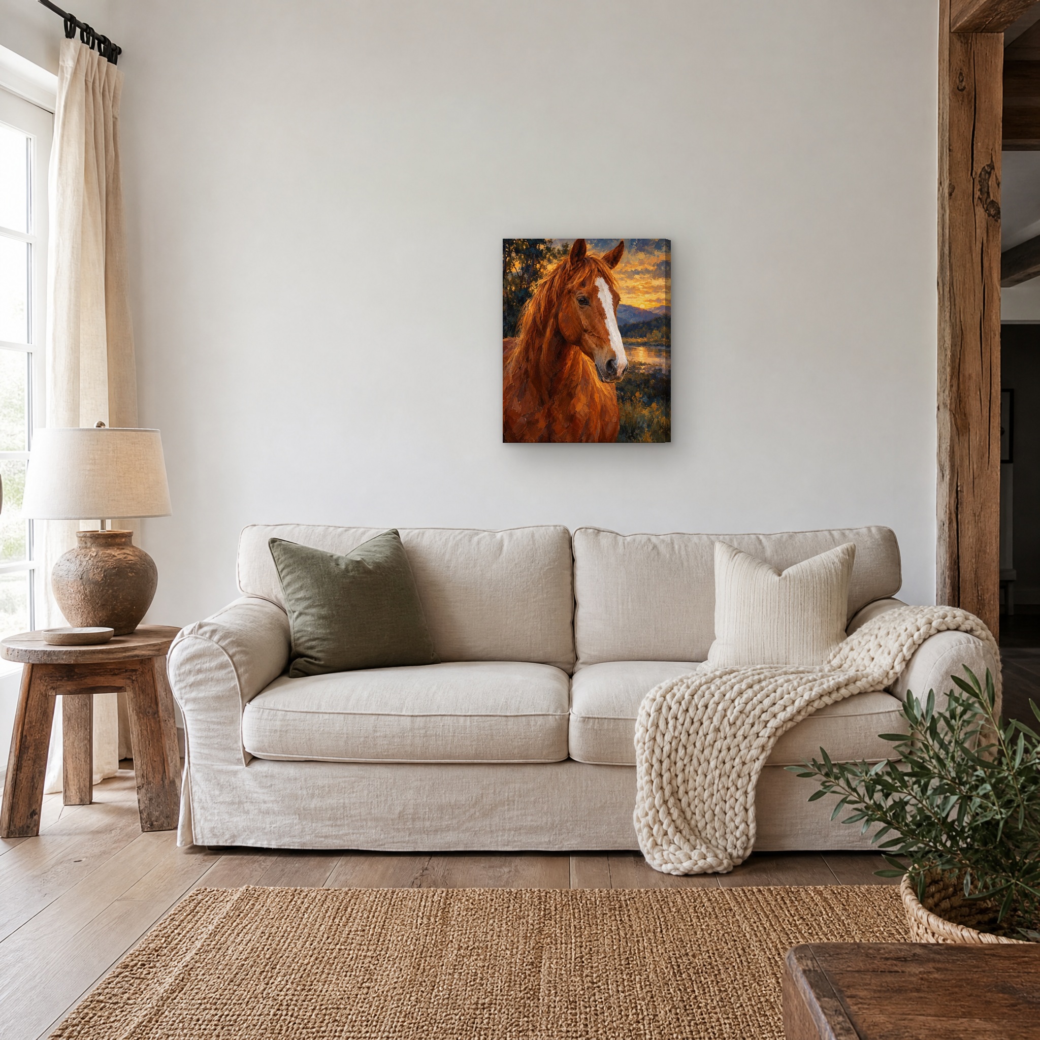 Tail and Twilight custom horse portrait canvas staged in living room